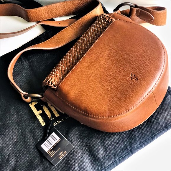 FRYE  Crossbody/ Shoulder Woven Saddle Cognac Leather Handbag NWT and Dust Bag - Picture 4 of 8